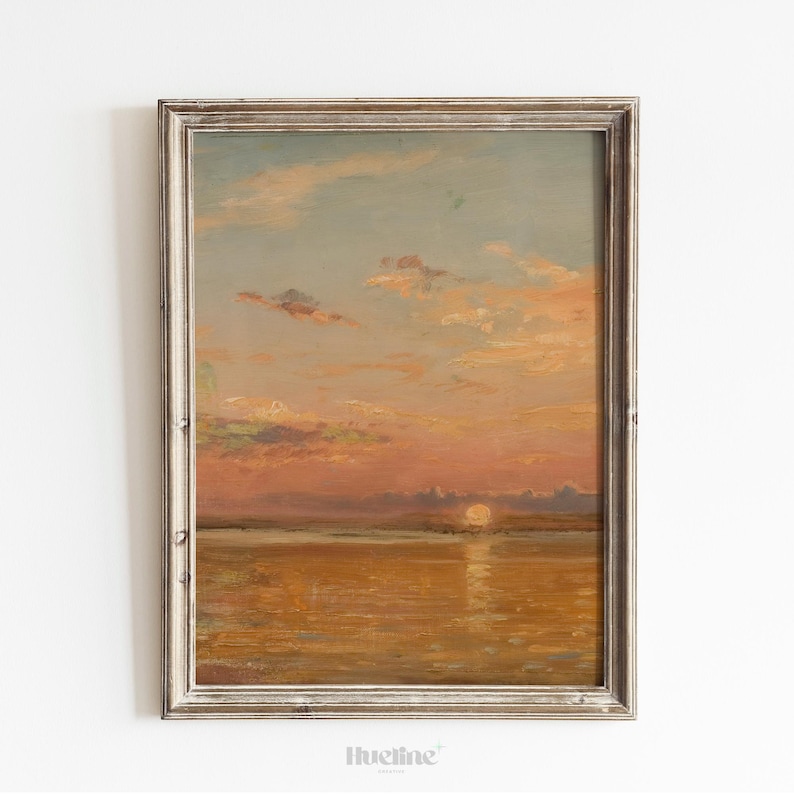 Sunset Seascape Art Print, Vintage Ocean Horizon Wall Art, Warm Pastel ...