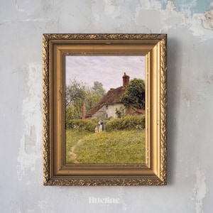 Vintage English Countryside Cottage Painting: Rustic Cottagecore Wall Decor L1027