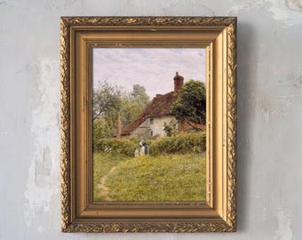 Vintage English Countryside Cottage Painting: Rustic Cottagecore Wall Decor L1027