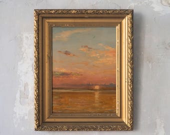 Sunset Seascape Art Print, Vintage Ocean Horizon Wall Art, Warm Pastel Coastal Painting - L1089