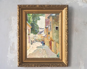 European Street Scene Painting: Vintage Impressionist Cityscape Art Print L1032