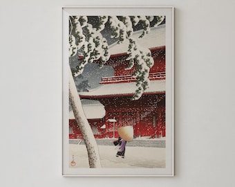 Vintage Japanese Woodblock Zojoji Temple Snow Landscape, Red Pagoda Wall Decor Poster - L1252