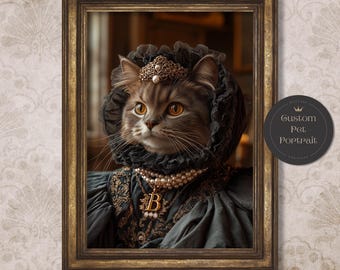May include: A portrait of a cat dressed in a regal, dark blue gown with a pearl necklace and a crown. The cat has a golden letter "B" pendant on its chest. The portrait is framed in a gold frame.