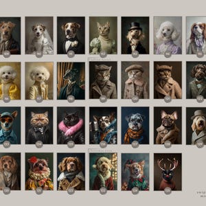 May include: A collection of framed portraits featuring dogs and cats dressed in vintage clothing. The animals are depicted in various outfits, including suits, dresses, and hats, with a classic, artistic style. The portraits are numbered and arranged in rows.