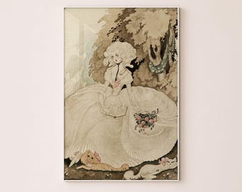 Vintage Rococo Baroque Lady Reading Illustration, Whimsical Garden Wall Decor Poster - L1255