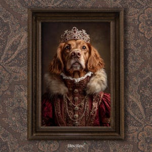 May include: A regal portrait of a dog wearing a jeweled crown and a red and gold gown with a fur collar. The dog is framed in a dark wooden frame against a patterned background. The dog's fur is a reddish-brown color.