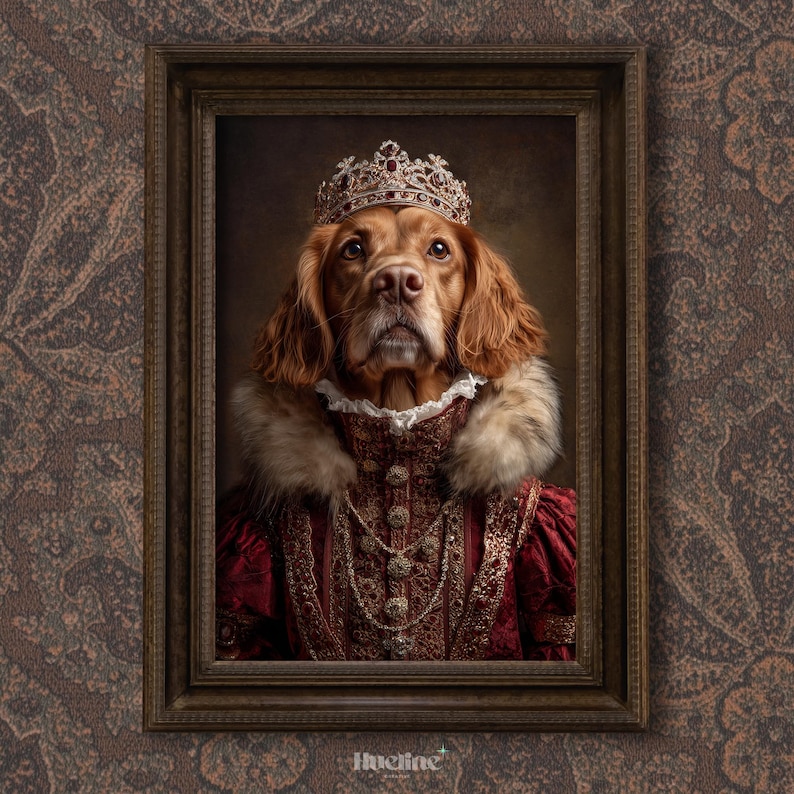 May include: A regal portrait of a dog wearing a jeweled crown and a red and gold gown with a fur collar. The dog is framed in a dark wooden frame against a patterned background. The dog's fur is a reddish-brown color.
