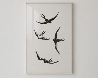 Vintage Minimalist Flying Birds Illustration, Black Ink Swallows Wall Decor Poster - L1254