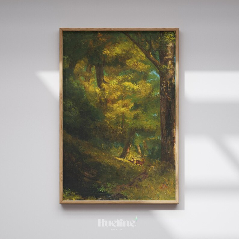 Vintage Forest Landscape Art Print – Rustic Nature Wall Decor With Deer ...