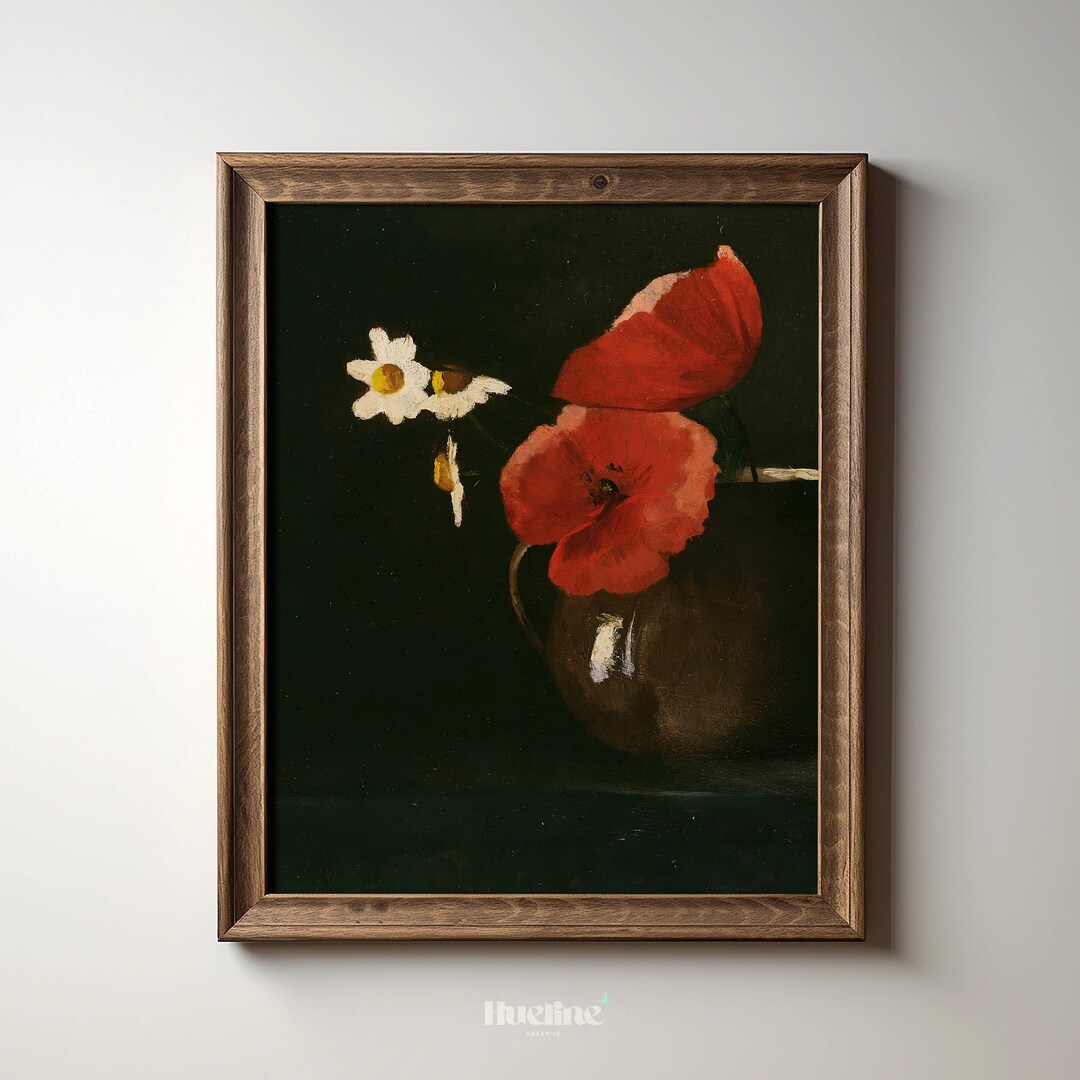 Red Poppy Still Life Print: Vintage Dark Floral Botanical Wall Art ...