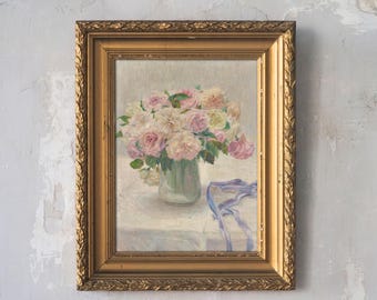 Vintage Rose Painting: Shabby Chic Floral Canvas Art L1030