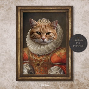 May include: A portrait of a cat dressed in a royal costume, wearing a crown and a ruff. The cat has orange fur and green eyes. The background is a dark brown color. The image is framed in a gold frame.