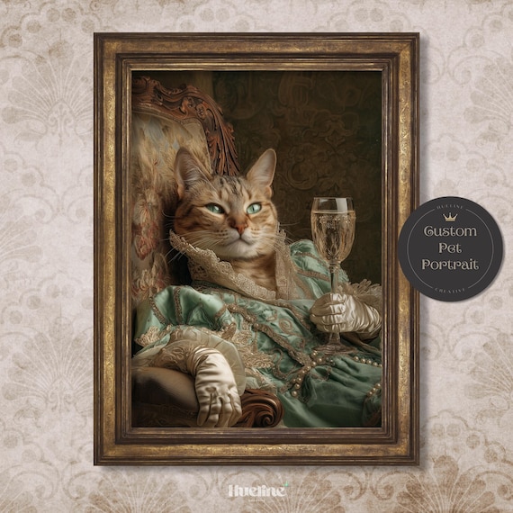 Custom Royal Cat Portrait: Vintage Green Gown, Champagne - Pet Art Gift