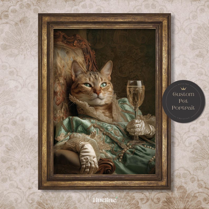 May include: A framed custom pet portrait featuring a regal cat in a vintage-style dress, holding a glass of champagne. The cat has green eyes and is wearing a pearl necklace. The portrait is in a gold frame with the text "Custom Pet Portrait."