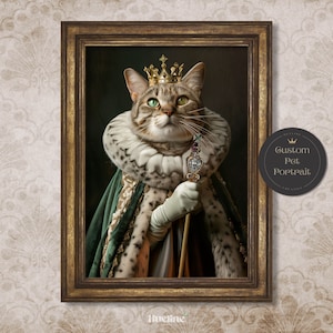 Portrait d'animal de compagnie royal personnalisé à partir d'une photo d'animal de compagnie roi vert Renaissance avec couronne, cadeau d'anniversaire, cadeau d'anniversaire de la reine royale pour animal de compagnie