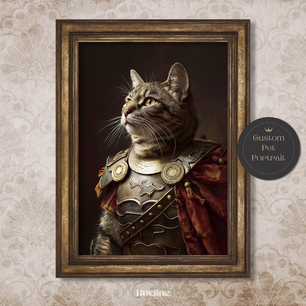 Benutzerdefiniertes königliches Ritter-Haustierportrait vom Foto, Renaissance-Wandkunst, lustiges römisches Soldaten-Katzenportrait, personalisiertes Geschenk zum Vatertag