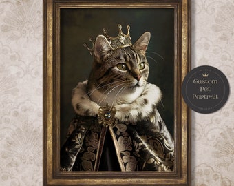 Custom Royal Pet Portrait, Renaissance Cat Portrait from Photo, Royal Pet King with Crown Portrait Painting Digital Art Father's Day Gift