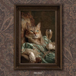 May include: A framed portrait of a cat dressed in regal attire, holding a glass of champagne. The cat wears a teal gown with gold accents and white gloves. The background features a patterned wallpaper, and the frame is dark brown.