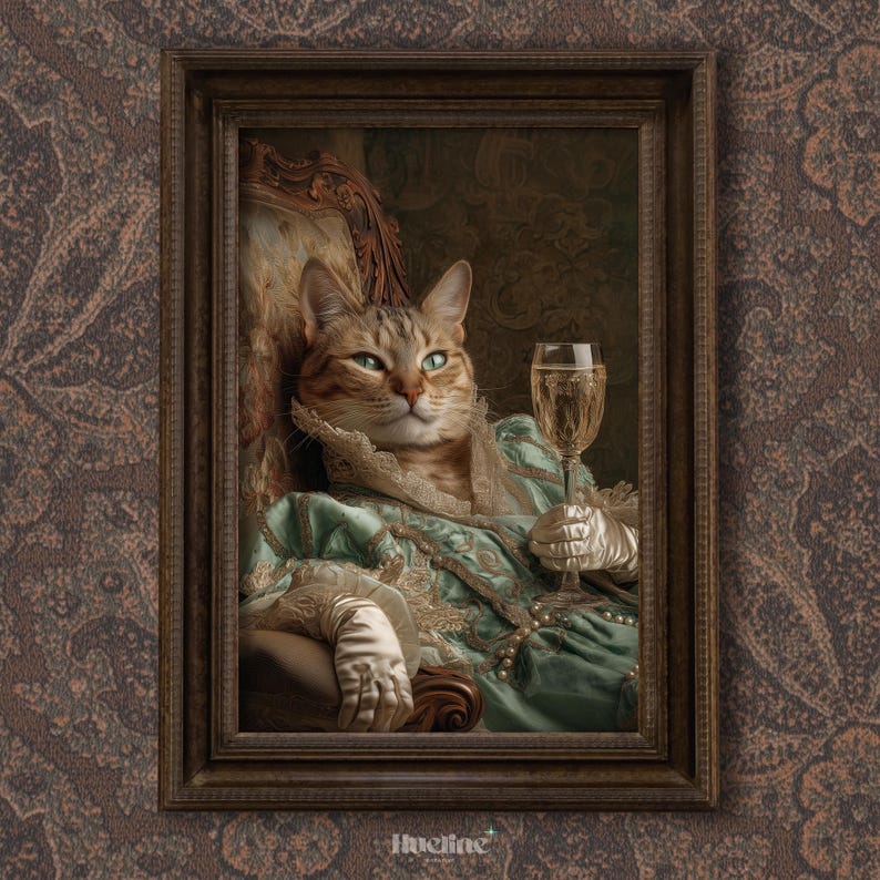 May include: A framed portrait of a cat dressed in regal attire, holding a glass of champagne. The cat wears a teal gown with gold accents and white gloves. The background features a patterned wallpaper, and the frame is dark brown.