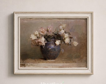 Vintage White Roses Oil Painting, Cottagecore Floral Poster, Farmhouse Still Life Art Print - L1259