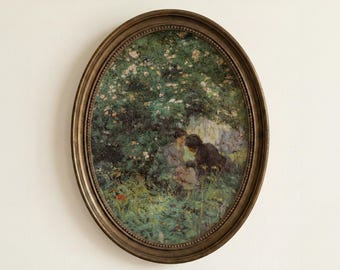 Romantic Garden Art Print, Vintage Couple Painting, Green Botanical Wall Art, Cottagecore Decor -  L1262
