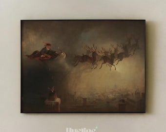 Vintage Santa Sleigh Art Print, Dark Christmas Painting, Reindeer Wall Art, Holiday Decor - L1264