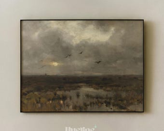 Cuadro mural de paisaje melancólico, pintura al óleo oscura y vintage con ambiente tormentoso, lámina de naturaleza antigua - L1054
