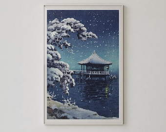 Vintage Japanese Snowy Night Woodblock Illustration, Ukimido Temple Pavilion Wall Decor Poster - L1251