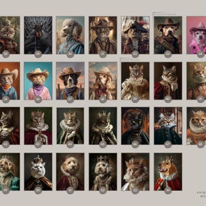 May include: A collection of portraits featuring animals dressed in various costumes. The images include cats and dogs in Western and Royal series attire, such as cowboy hats, crowns, and regal clothing. The portraits are numbered and displayed on a neutral background.