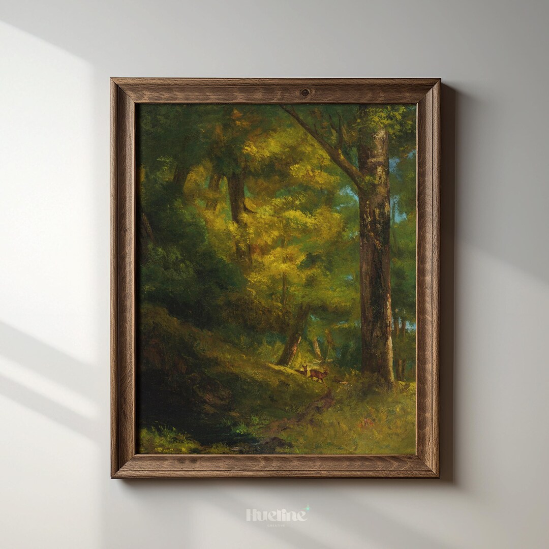 Vintage Forest Landscape Art Print – Rustic Nature Wall Decor With Deer ...