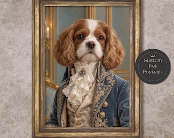 Custom Royal Pet Portrait, Personalized Dog Poster, Victorian Cat Painting, Blue Aristocrat Costume