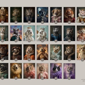 May include: A collection of portraits featuring cats and dogs dressed in regal attire, including crowns, ornate collars, and period clothing. Each portrait is numbered and set against a dark, textured background, creating a vintage aesthetic.