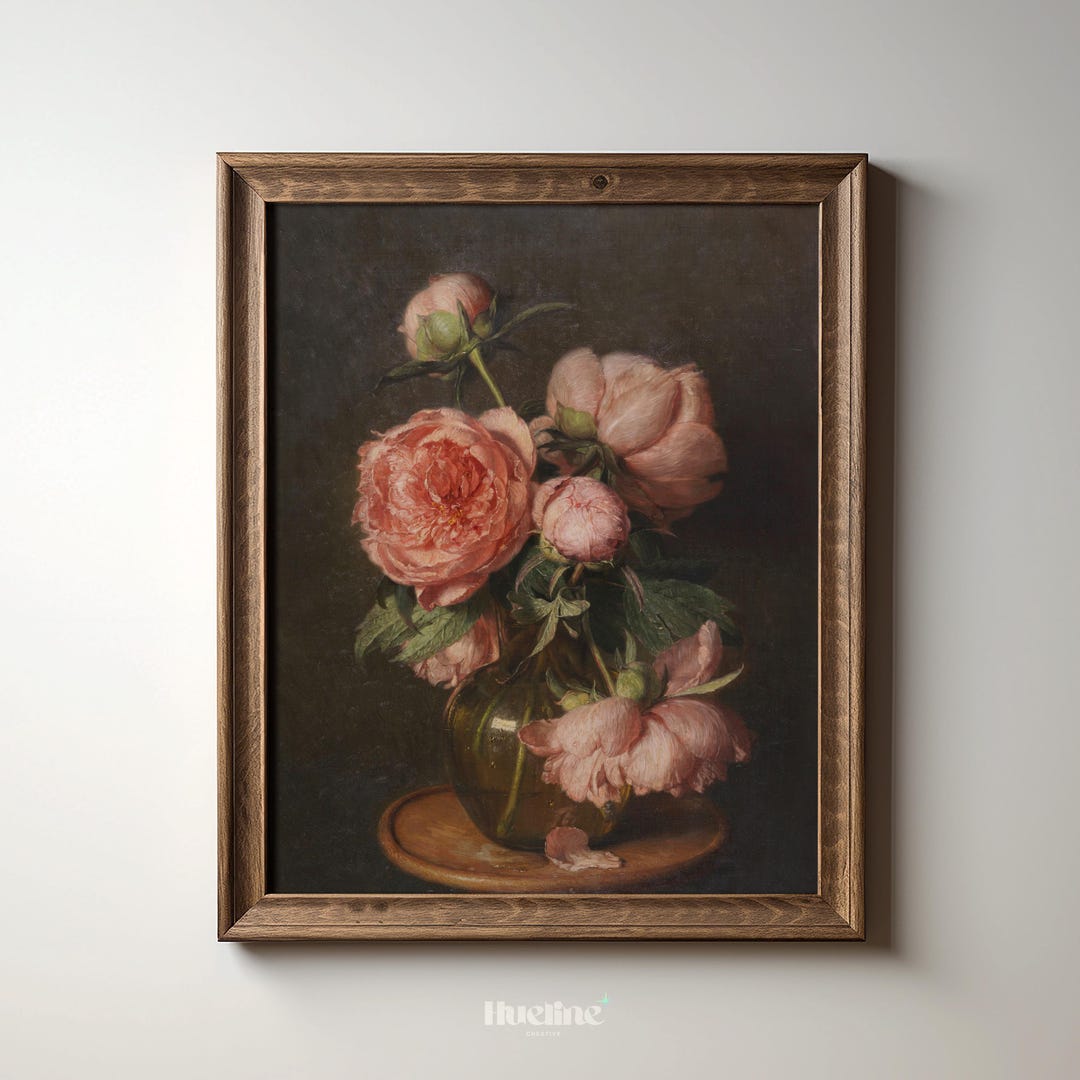Vintage Floral Wall Art | Classic Pink Peony Still Life Painting Print ...
