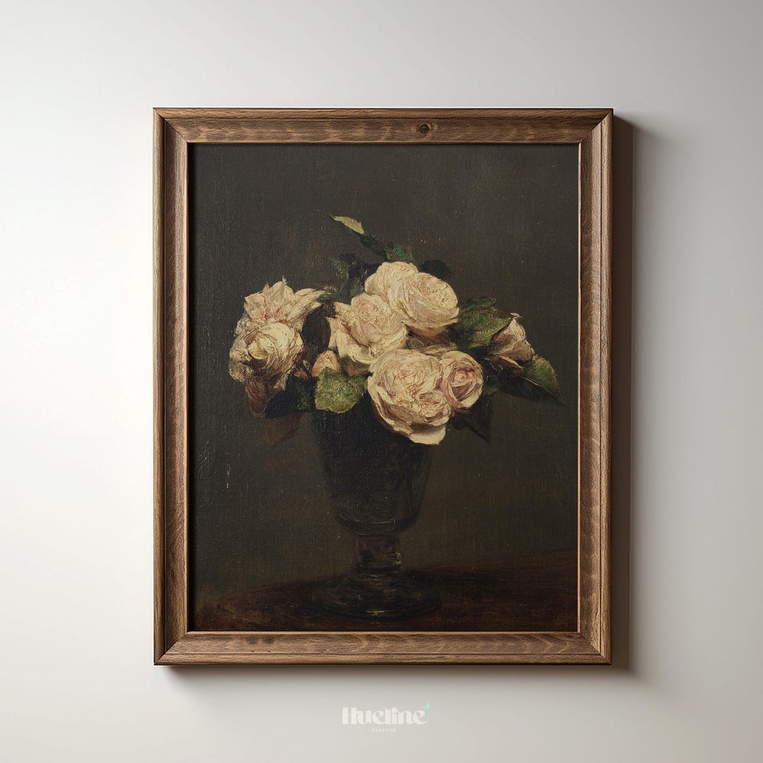 Vintage Dark Floral Still Life Print – Classic Roses in Vase Wall Art ...