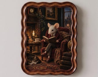 Whimsical Mouse Reading Art Print, Cozy Library Wall Decor, Vintage Cottagecore Animal Painting - L1268