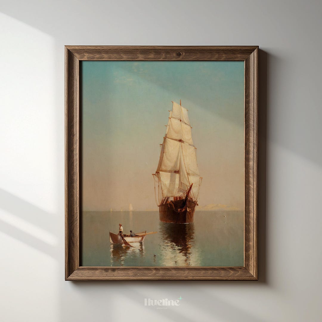 Vintage Sailboat Seascape Art Print – Calm Ocean Maritime Wall Decor ...