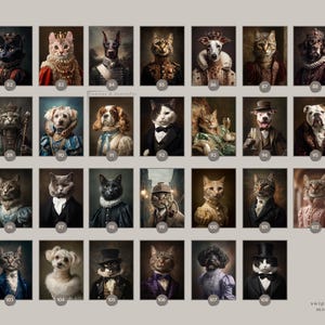 May include: A collection of portraits featuring cats and dogs dressed in regal attire. Each portrait is numbered and set against a neutral background. The images showcase various breeds and poses, with a few portraits of cats and dogs wearing hats.