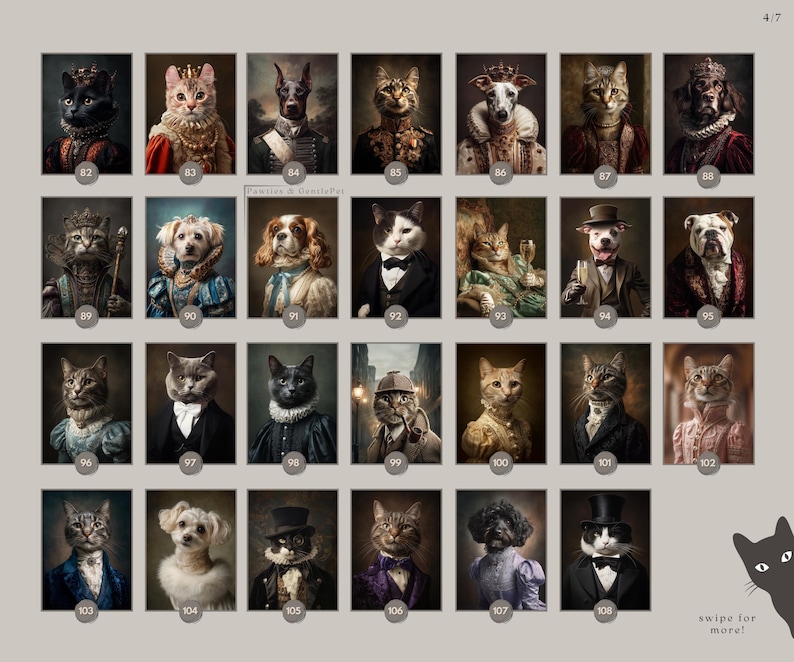 May include: A collection of portraits featuring cats and dogs dressed in regal attire. Each portrait is numbered and set against a neutral background. The images showcase various breeds and poses, with a few portraits of cats and dogs wearing hats.