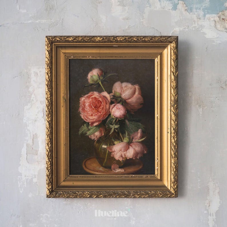 Vintage Floral Wall Art | Classic Pink Peony Still Life Painting Print ...