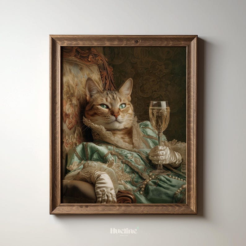 May include: A framed print featuring a regal cat in a vintage portrait style. The cat is dressed in a teal gown and holding a glass of champagne. The artwork has a brown wooden frame and is set against a neutral background.