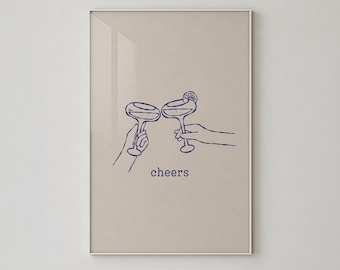 Minimal Cheers Cocktail Print, Blue Line Art Poster, Margarita Glass Bar Cart Decor - L1277
