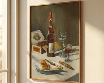 Vintage Wine Still Life Art Print, French Kitchen Wall Decor, Dining Room Artwork - L1273