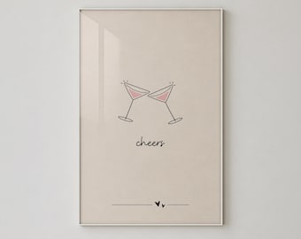 Minimalist Cheers Cocktail Print, Martini Glass Wall Art, Bar Cart Decor, Girly Poster - L1276