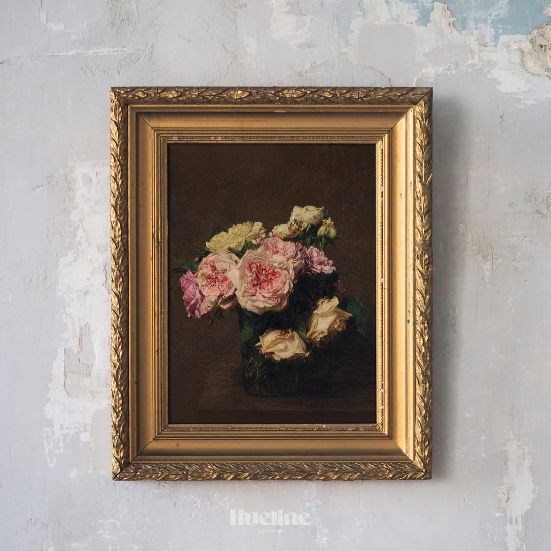 Vintage Floral Still Life Print – Dark Romantic Roses in Vase Wall Art ...