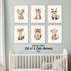 Set of 6 Printable Cute Nursery Animals, Nursery Prints, Nursery Wall Art, Digital Prints, Nursery Decor, Kids room wall art, Printable Art