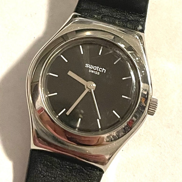 Swatch Irony Lady Black Russian YSS281 Ladies Watch with Black Dial and Long Black Leather Strap