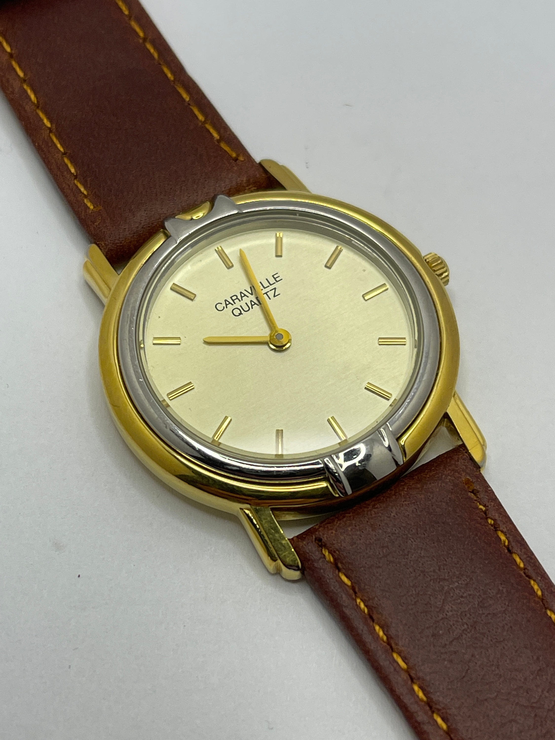 1992 Mens Caravelle by Bulova T2 Dress Watch Champagne Dial Hands New  Leather Strap
