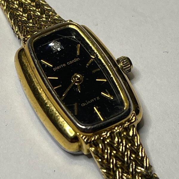 Vintage Pierre Cardin Ladies Golden Quartz Cocktail Watch Black Dial with Sapphire Braided Metal Bracelet