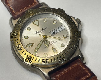 Vintage 1980's Precision by Gruen Quartz Diver Style Watch with Rotating Brass Bezel and Day/Date Window Braided Leather Strap