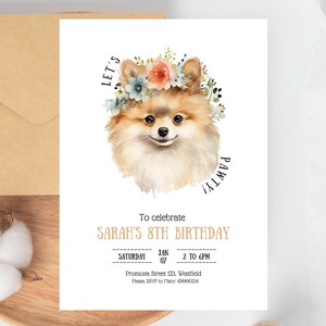 Tarjeta de cumpleaños para perros editable, Spitz en miniatura, fiesta de cachorros de perro Pomerania, plantilla de Canva de invitación de cumpleaños digital imprimible en acuarela